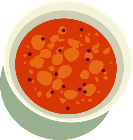 Transparent bowl of rustic red soup top view illustration