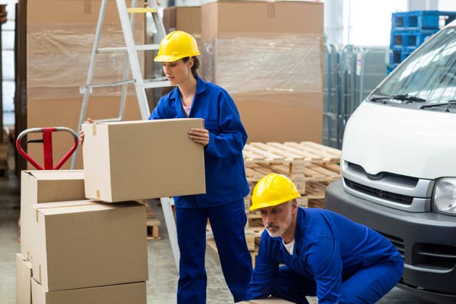 Delivery workers in blue uniforms and safety helmets are unloading cardboard boxes from a pallet jack in a warehouse. This image can be used for articles or advertisements related to logistics, shipping, warehouse management, and supply chain operations. It highlights teamwork, manual labor, and the importance of safety in industrial environments.