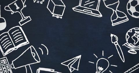 A chalkboard with various hand-drawn school concept icons like trophies, laptops, and globes around a blank space. Perfect for education-themed projects, presentations, or as a creative background for educational materials and announcements.