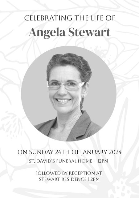 This funeral invitation features a smiling woman’s portrait alongside event details, including date, time, and location. The minimalistic design with a white background offers an elegant and formal presentation, making it suitable for commemorating a loved one’s life. This template can be used for printing invitations or sharing electronically with friends and family.