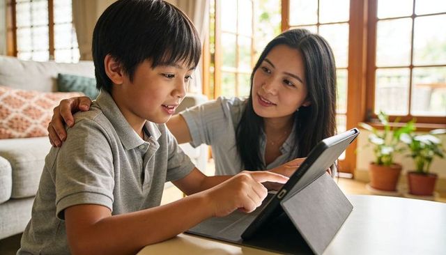 Mother guiding son on tablet in bright living room for remote learning and family time