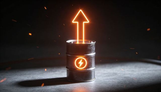 Neon energy barrel emitting orange arrow and lightning emblem with sparks and ambient glow