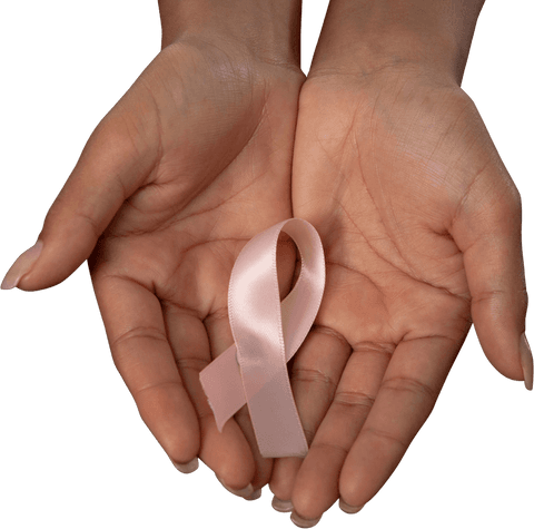 Hands holding pink ribbon on transparent background supporting breast cancer awareness