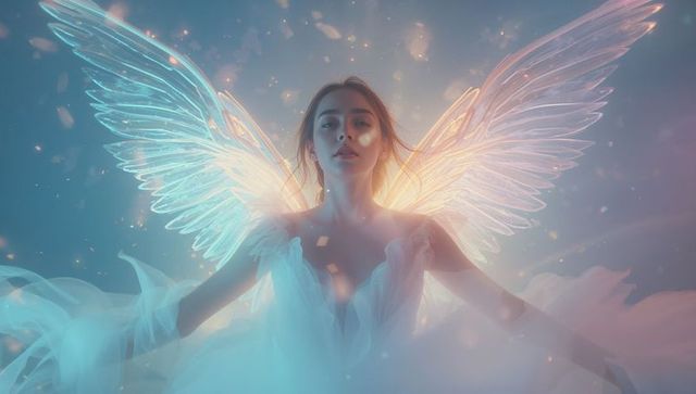 Ethereal Woman with Luminous Wings in Dreamlike Setting