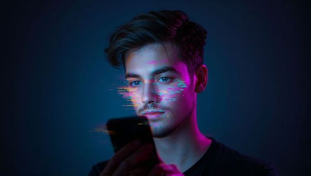 Man engaged with smartphone amid neon glitch effect