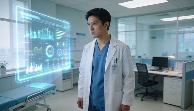Doctor studying holographic medical dashboard and patient data analytics in modern clinic
