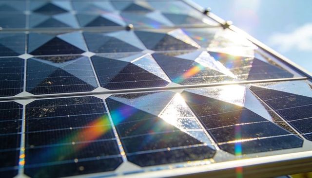 Monocrystalline solar panel close-up reflecting sunlight with rainbow lens flare on rooftop