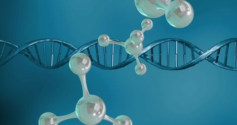 Molecular structures over dna strands illustrating genetic engineering