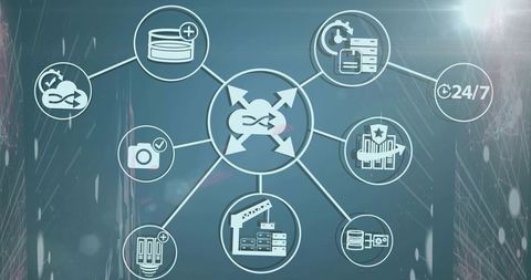 Central load balancer routing traffic on network diagram with servers, databases and cloud icons