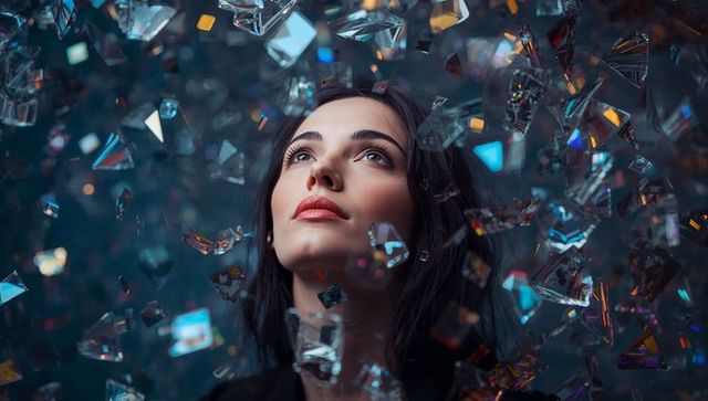 Young woman gazing through floating crystal shards with prism reflections and soft glow