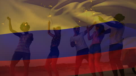 Joyful Beach Party with Friends and Colombian Flag Overlay