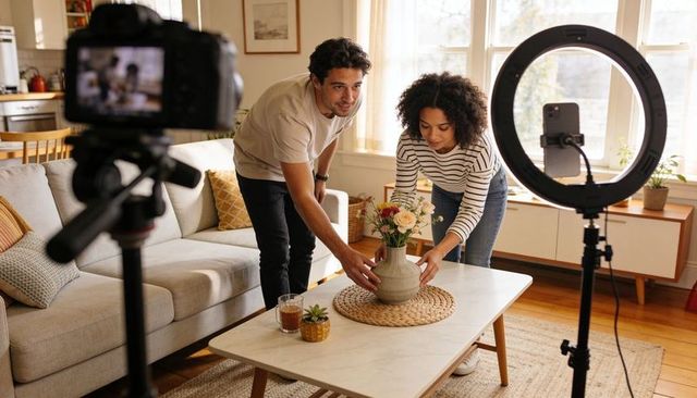 Couple arranging floral centerpiece while filming content with ring light and camera