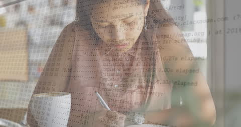 Woman Writing Notes Amid Data Display Animation