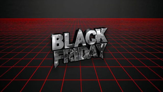3d black friday metal lettering on red grid floor featuring futuristic glossy sale concept