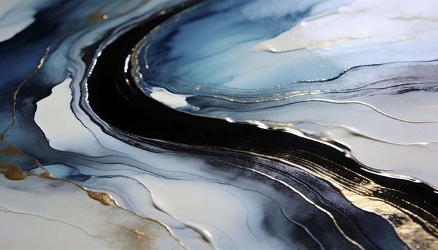 Fluid abstract blue black gold marble resin art with glossy metallic veins and texture