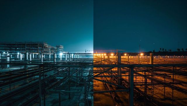 Contrast of Cool and Warm Lighting Over Industrial Structure at Night