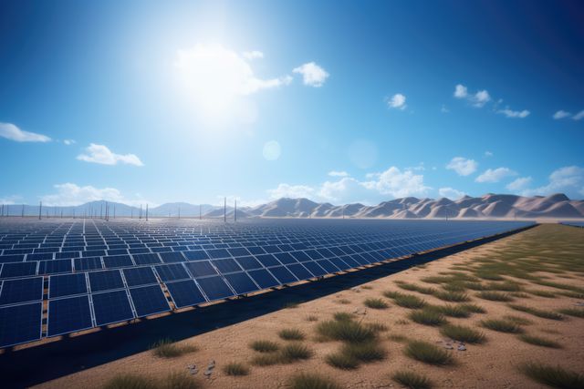 Expansive array of solar panels installed in desert area under bright sun with blue sky and distant mountains. Useful for illustrating concepts related to renewable energy, sustainability, clean energy solutions, and harnessing solar power in arid regions. Ideal for use in environmental studies, energy sector presentations, and sustainable development projects.