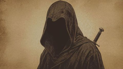 Mysterious hooded assassin figure with sword on parchment background