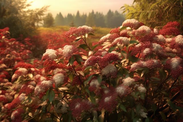 Elderberry tree with white flowers and berries in field, created using generative ai technology. Elderberry tree, blossom, nature and summer concept digitally generated image.