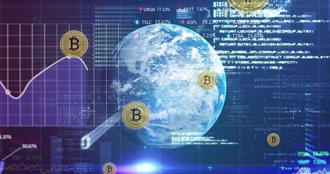 Rotating earth with bitcoin coins and blockchain analytics dashboard for global finance