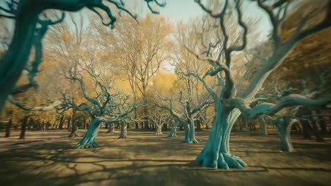 Whimsical Forest with Turquoise Trees and Golden Canopy