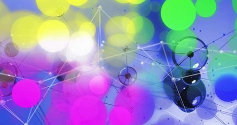 Connecting neon network with glowing bokeh orbs, glassy molecular nodes and mesh