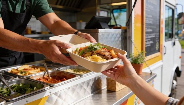 Server handing compostable takeout box filled with fresh street food at food truck window