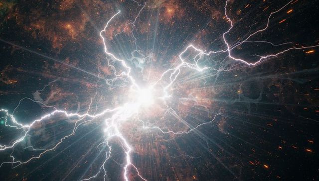 Cosmic energy burst with electromagnetic lightning arcs