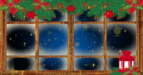 Cozy winter night scene through decorated window pane