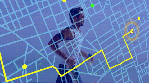Runner Navigating City Streets in Digital Data Concept
