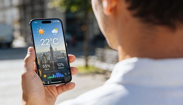 Man Checking Weather App on Smartphone in Urban Park Showing 22°C Forecast and City Skyline
