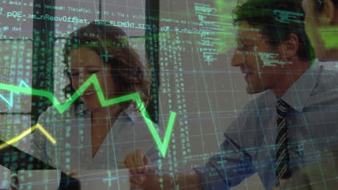Professionals Analyzing Financial Data with Digital Graph Overlay