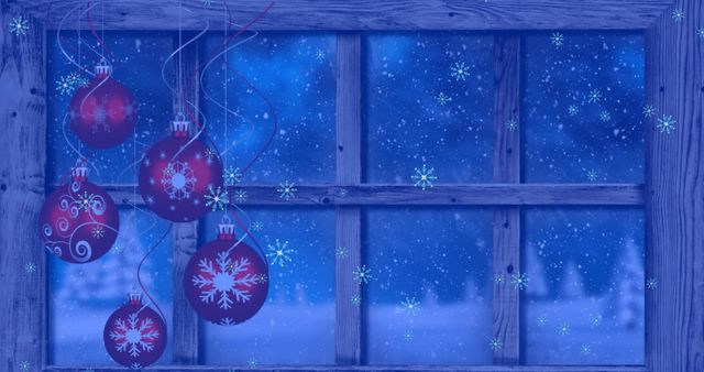 Snowy Winter Night with Christmas Baubles and Decorated Window - Download Free Stock Images Pikwizard.com