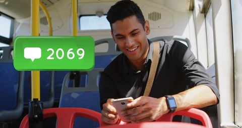 Young Man Relaxing on Bus with Growing Message Alerts