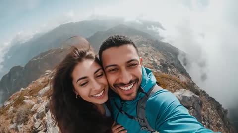 Couple capturing summit selfie on mountain ridge, hiking backpacks, smiling into clouds