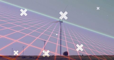 Futuristic wind turbine with neon grid and symbols