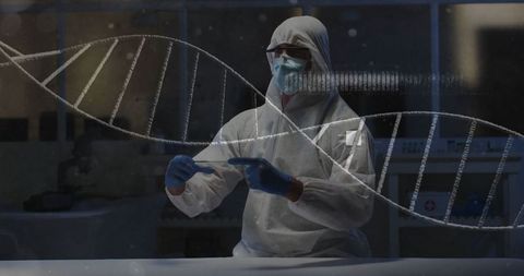 Scientist in protective suit analyzing dna structure in advanced lab