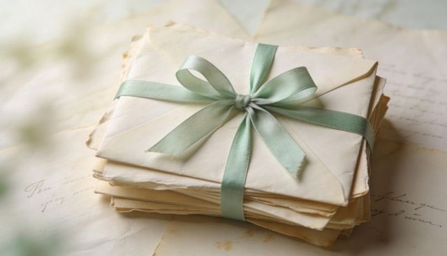 Stack of vintage letters tied with pale green satin ribbon evoking nostalgia