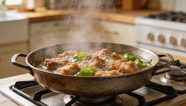 Crispy chicken patties sizzling in bubbling oil with green peppers in rustic skillet
