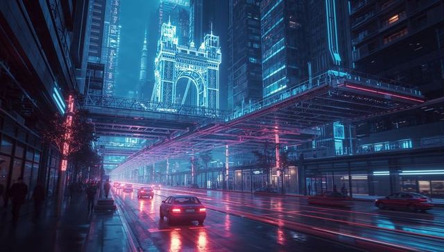 Futuristic Neon-Lit City Street with Monorail and Cars at Night