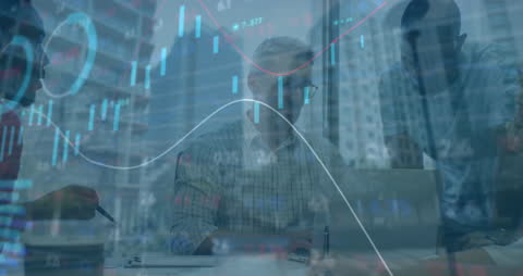 Diverse Team Collaborating in Modern Office with Finance Overlay