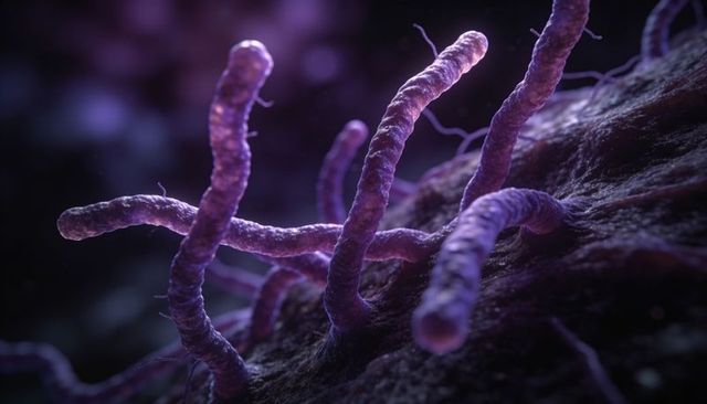 Purple filamentous bacteria forming dense biofilm on textured surface under microscope