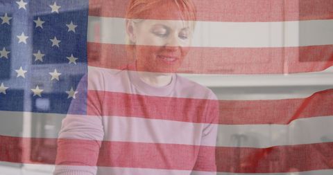 American Flag Overlap with Woman Prepping Food at Home