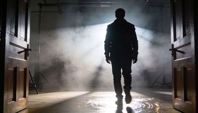 Silhouetted man walking through backlit studio doors with dramatic smoke and light beams
