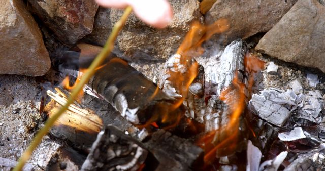 Shows detail of firewood burning, glowing embers, and surrounding ashes, ideal for content related to camping, heating, open fires, survival skills, and outdoor activities. Could be used in articles about fire safety or fireplace maintenance tips.