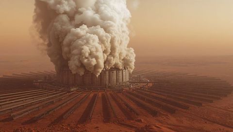 Futuristic Industrial Complex Releasing Thick Smoke Plumes Across Red Desert with Radial Trenches