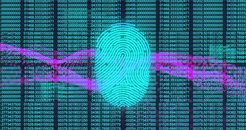 Cyan Fingerprint Icon on Digital Interface with Numeric Data and Security Theme