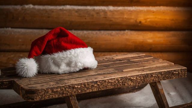 Santa hat resting on rustic sled bench against warmly glowing log cabin wall in snow