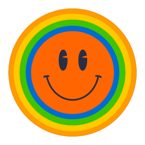 Orange Smiley Face with Radiant Rainbow Ribbons on Transparent Background