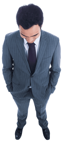 Standing Biracial Businessman on Transparent Background Looking Down